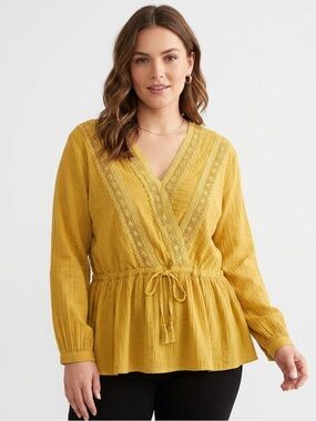 RD + KoKo Mustard Lace-Trim V-Neck Peplum Tie-Waist Blouse Linen Blend Medium